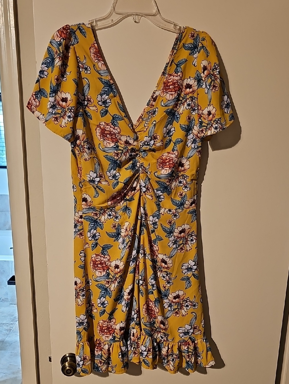Urban Girl Nites Yellow Floral V-Neck Twist Mini Dress